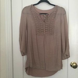 Embroidered Tie Neck Tan Tunic